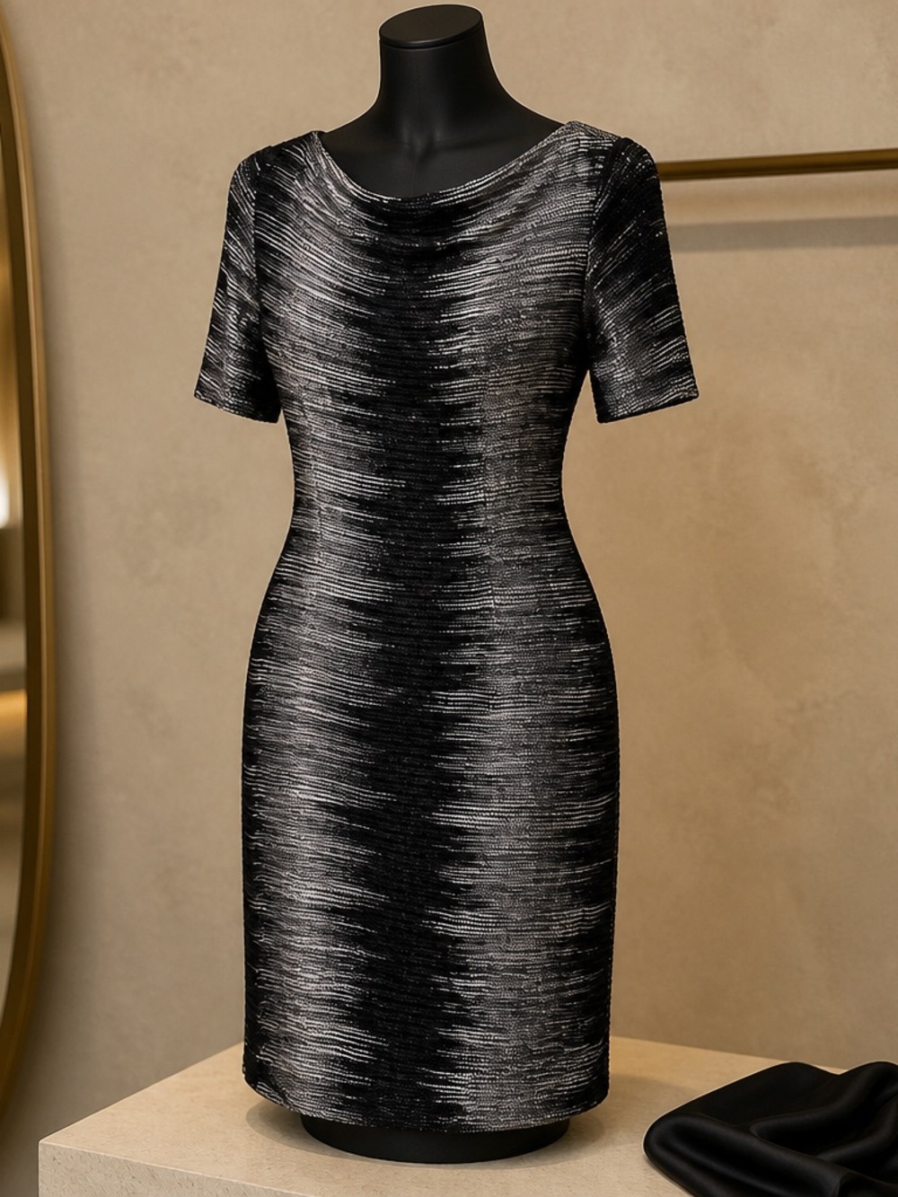 Anne Klein Black and Silver Textured Sheath Midi Dress